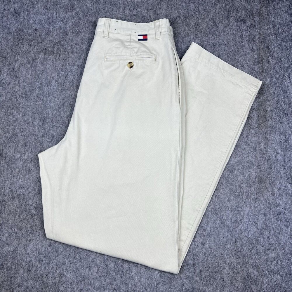 Vtg Tommy Hilfiger Men's Chino Pants Khaki Straight Leg Pleated Front Size 34x34